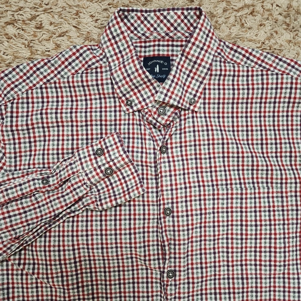 Johnnie-O Top Shelf Red Plaid‎ Men Sz L Oxford Long Sleeve Button Up Shirt